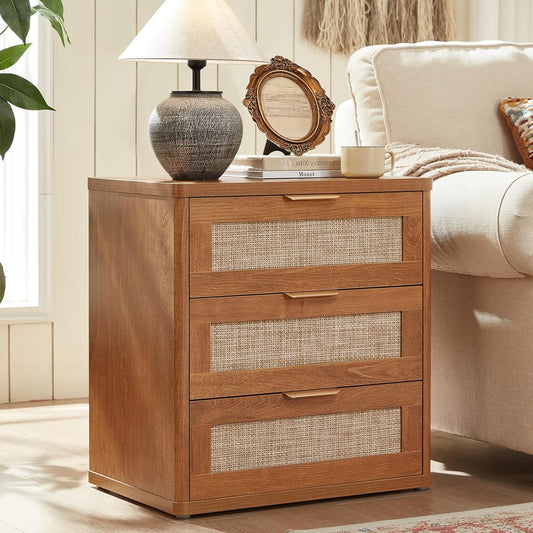 LEYAOYAO Rattan Night Stand with Drawers, 23" Large 3 Drawer Boho Nightstand, Natural Wood Bedside Table Storage Cabinet, Bed Side End Tables Dresser for Bedroom, Living Room, Hallway, Closet