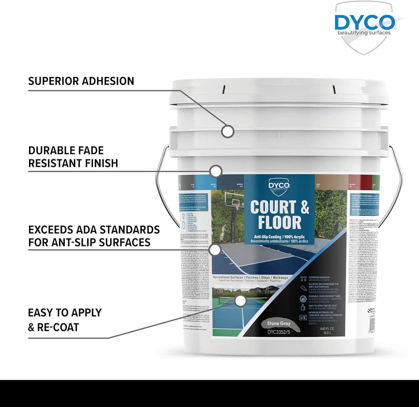 DYCO Court & Floor Anti-Slip Coating - Slip-Resistant Pavement, Cement & Concrete Paint for Pickleball, Tennis & Basketball Courts, Exceeds ADA Standards for Safety Areas (Stone Gray, 5 Gallons)