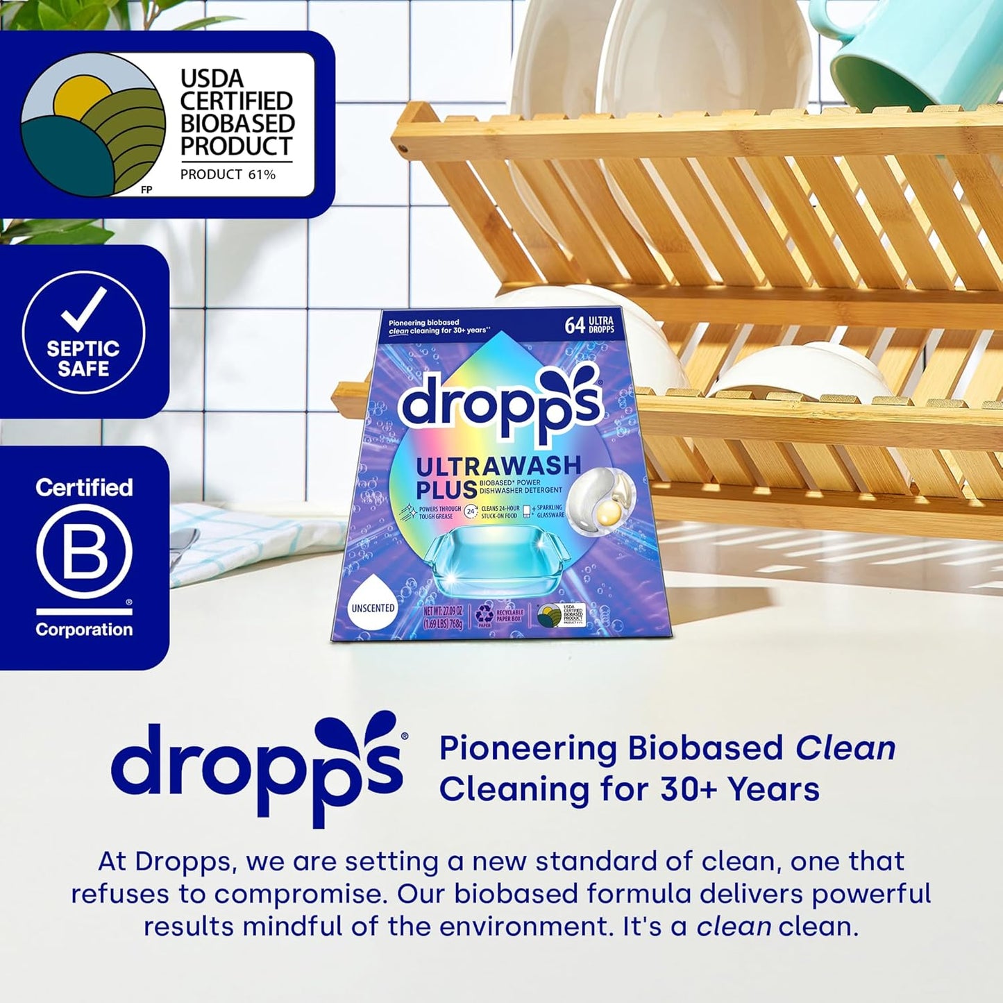 Dropps UltraWash Plus Dishwasher Detergent, Unscented (64 Pods) - Triple Action Biobased Power Deep Clean Dishwasher Detergent Tablets for Tough Stains - Dishwashing Pods for Shiny Dishes