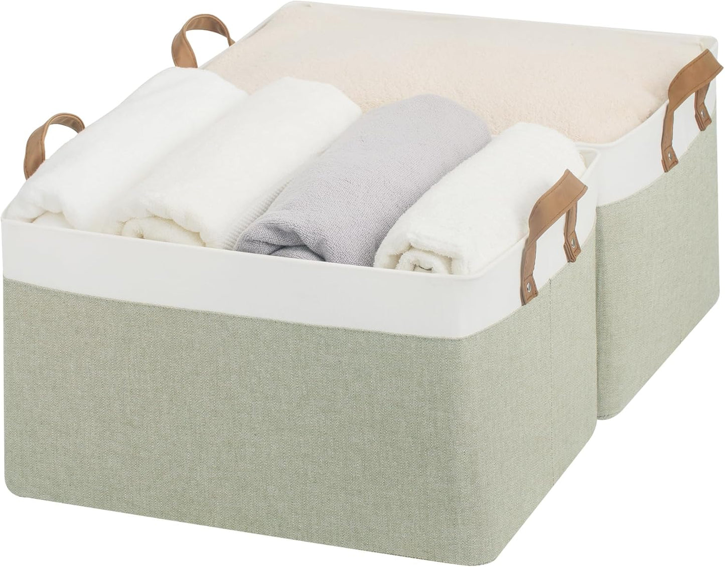 StorageWorks Storage Bins, Fabric Storage Bins for Shelves, Extra Large Storage Baskets with Metal Frame, Closet Baskets and Bins with Handles, Jumbo, Green and White, 2-Pack