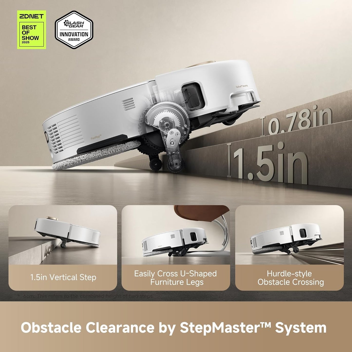 Mova V50 Ultra Complete Robot Vacuum and Mop Self-Cleaning, 24,000 Pa Suction, Liftable Navigation with Obstacle Overcoming and Warm Water Mopping with DuoSolution System Designed for Pets