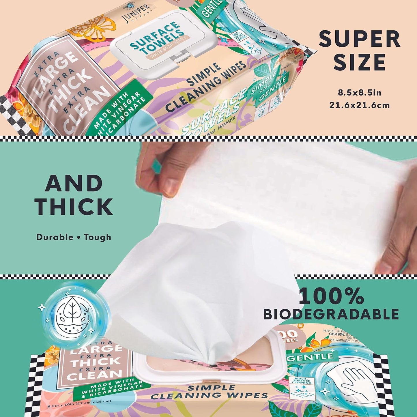 3 Packs Surface Cleaning Wipes, Thick & Large Dispose, All-Purpose Cleaner for Bathroom, Kitchen, Office, 300 Count Soft Flow, Biodegradable, White Soap Scent