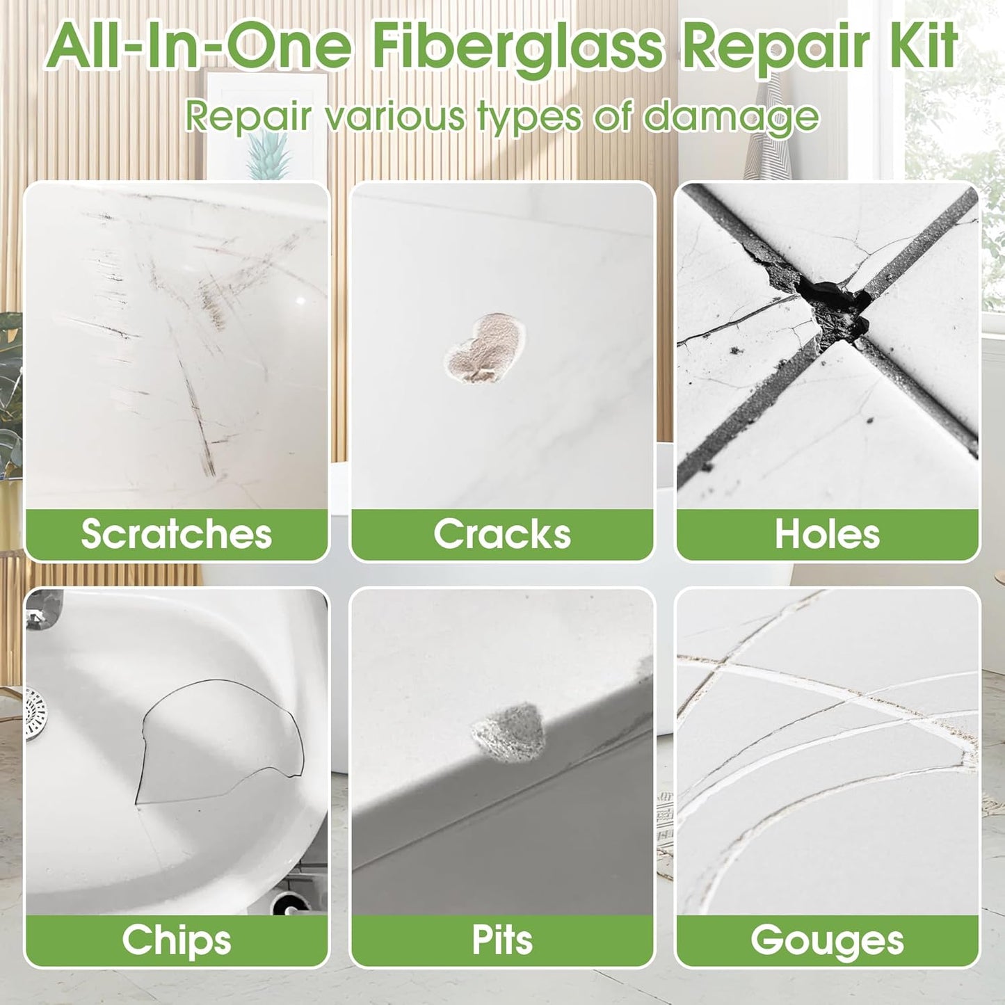 Fiberglass Tub Repair Kit (Color Match), Porcelain Sink and Bathtub Repair Kit for Chips, Cracks, Holes, Rust, Scratches on Toilet, Shower Tile, Enamel, Acrylic, Ceramic, Quartz, Marble