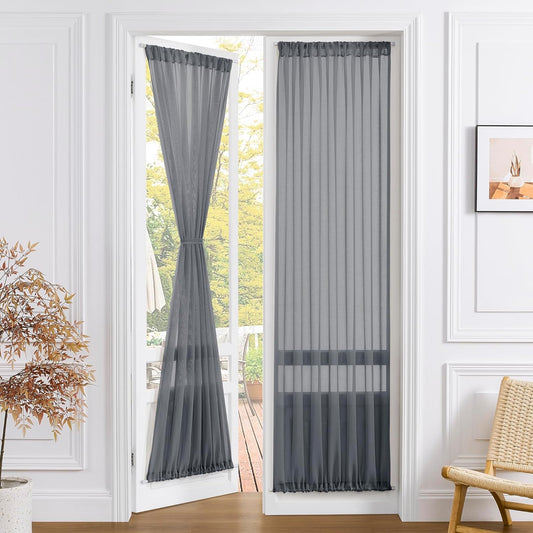 Tollpiz Sheer Door Curtains Closet Linen Textured Curtain Sheers Doorway Light Filtering Voile Patio Glass Door Rod Pocket Curtains French Door, 54 x 80 inches Long, Dark Grey, Set of 1 Panel