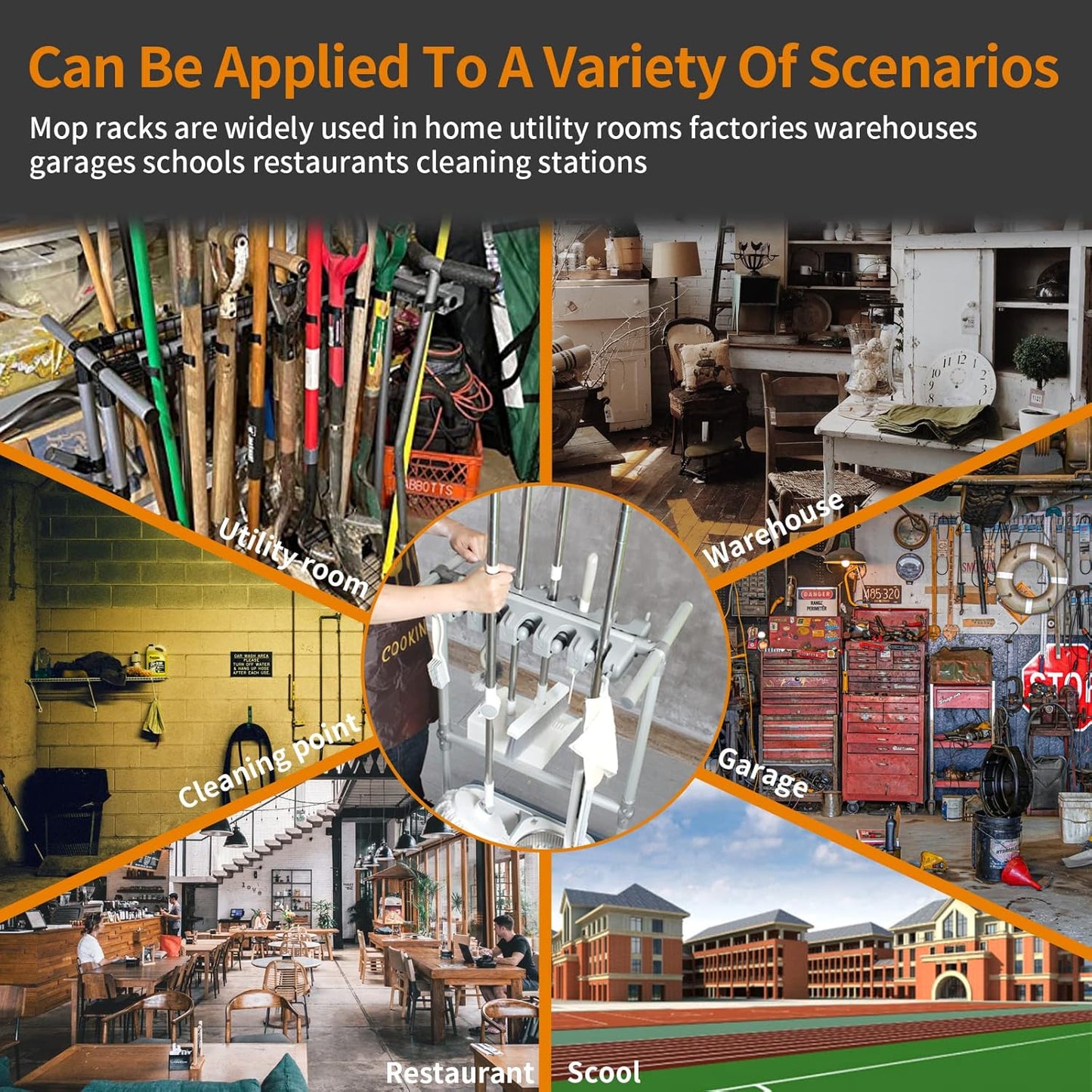 Broom mop holder cleaning supplies organizer janitorial carts on wheels housekeeping station storage tools for garage, garden, closet, cabinet.