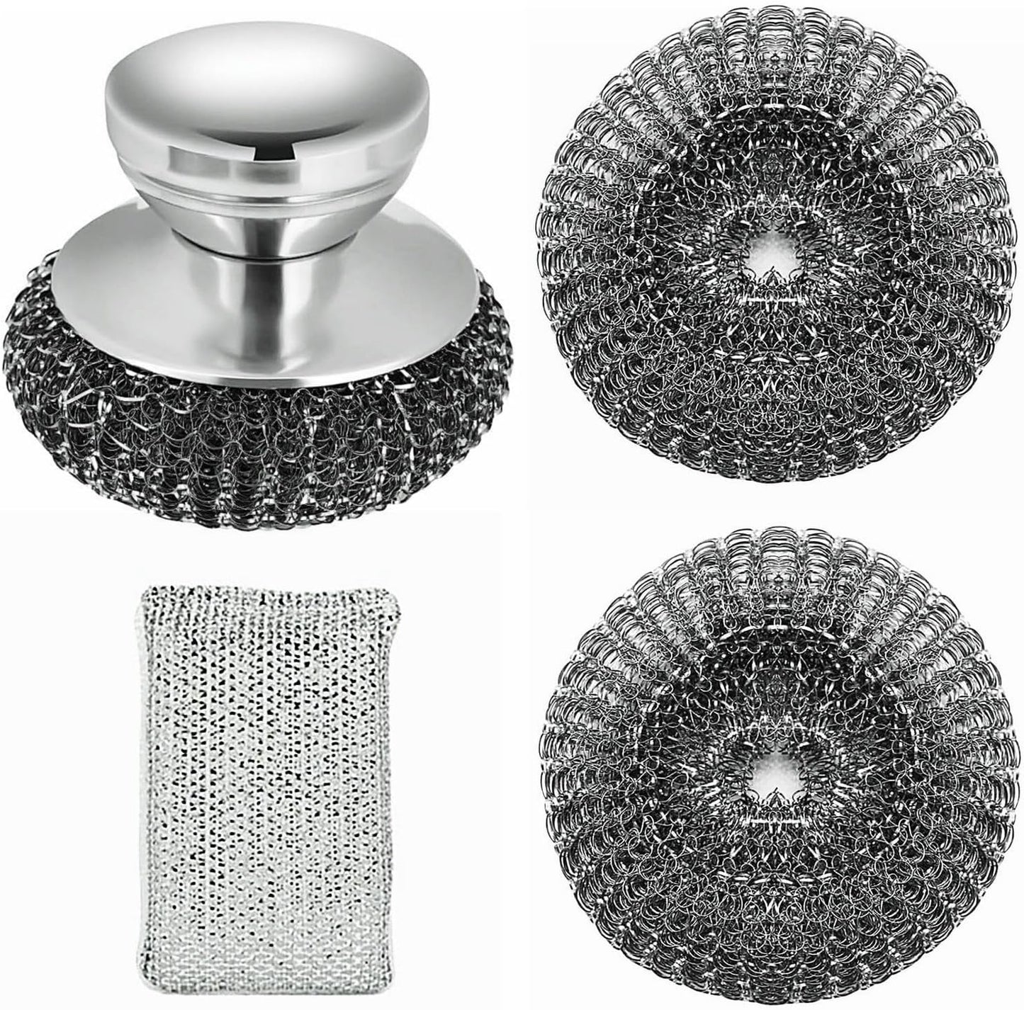 Stainless Steel Wool Scrubber with Short Handle Steel Scrubber Wool Pads for Cleaning Dishes Metal Scrubber Pot Scrubbers for Iron Pots, Stoves, Barbecue Grills, Wash Sink,Pans,2 Replace Heads