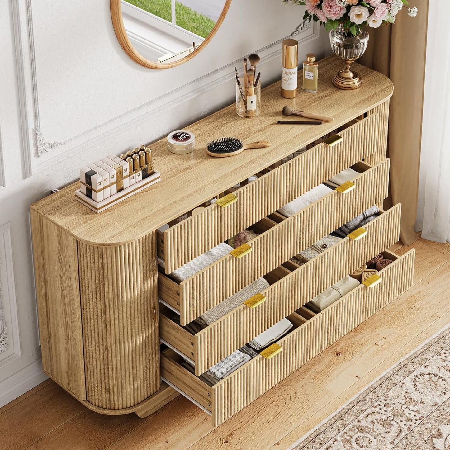 63" Tambour Dresser for Bedroom with 8 Drawers, Modern Chest of Drawers with Sliding Doors & 4 Shelves, Fluted Dresser Storage Organizer for Bedroom, Closet, Living Room(Natural)