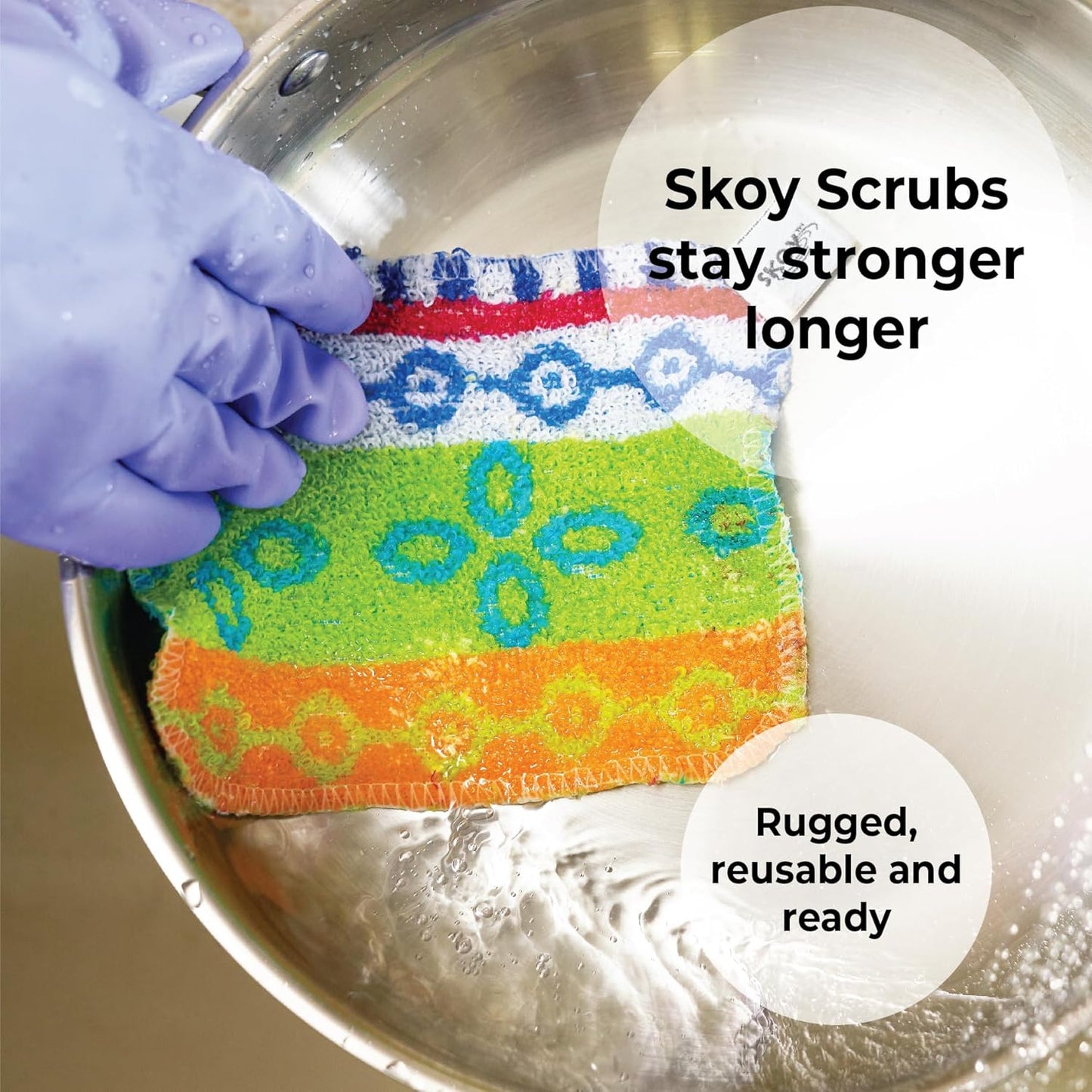 Skoy Scrub, 4-Pack Reusable, Non-Scratching Dish Scrubber for Kitchen and Household Cleaning, Planet-Friendly, Dishwasher Safe Soft Scrub, Assorted Colors and Designs