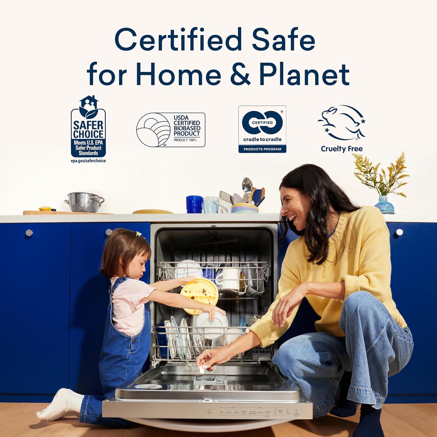 BLUELAND 100% Plastic-Free Dishwasher Detergent Tablets, 60 Count, Free & Clear, Eco-Friendly Dishwashing Pods, Natural, USDA Certified biobased