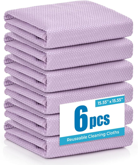 Nanoscale Microfiber Cloths 15.55”x 15.55”, Glass Window Mirror Stainless Steel Car Cleaning, Streak-Free, Lint-Free, Super Thick & Absorbent, Reusable, 6 Pack (Purple)