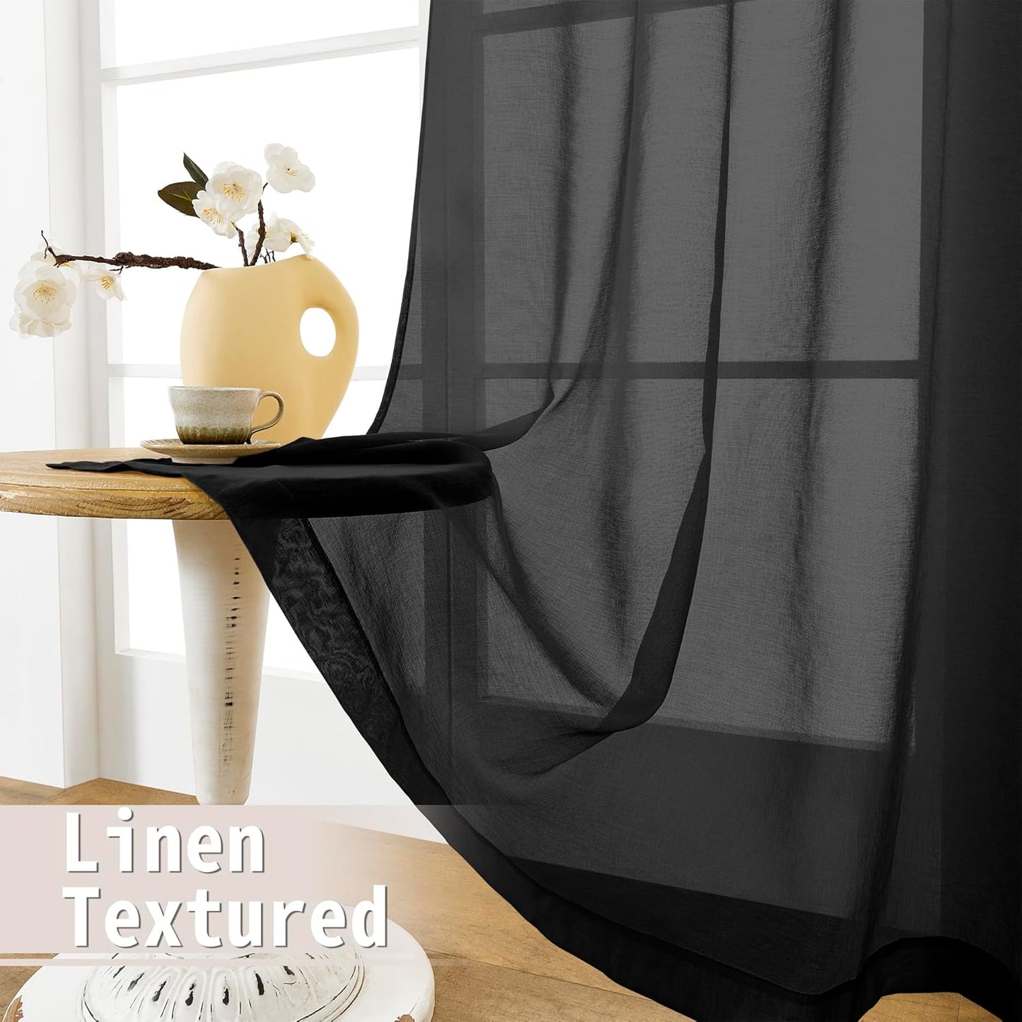 Tollpiz Sheer Door Curtains Closet Linen Textured Curtains Sheer Doorway Light Filtering Voile Rod French Door Pocket Curtain Patio Glass Door, 25 x 72 inches Long, Black, Set of 1 Panel