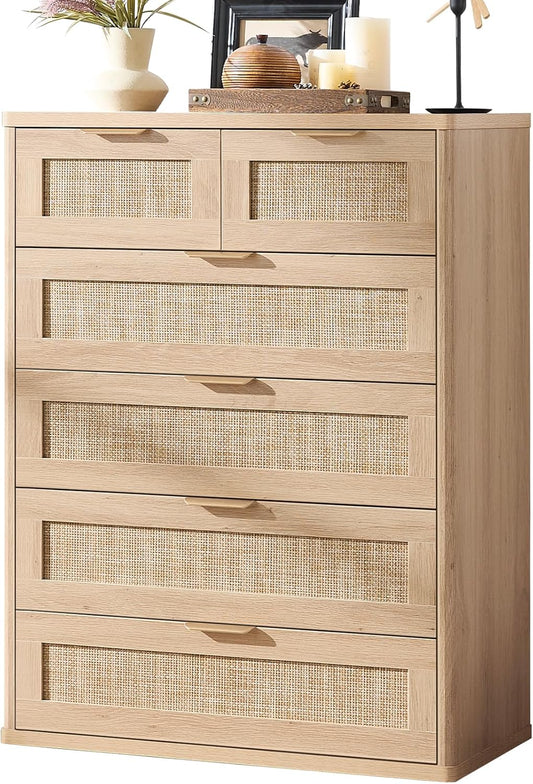 LEYAOYAO Rattan Dresser for Bedroom, 42" Tall Chest of Drawers, Modern 6 Drawers Boho Dressers with Storage, Light Oak Dresser Wooden Closet Organizer for Living Room, Hallway, Natural Wood