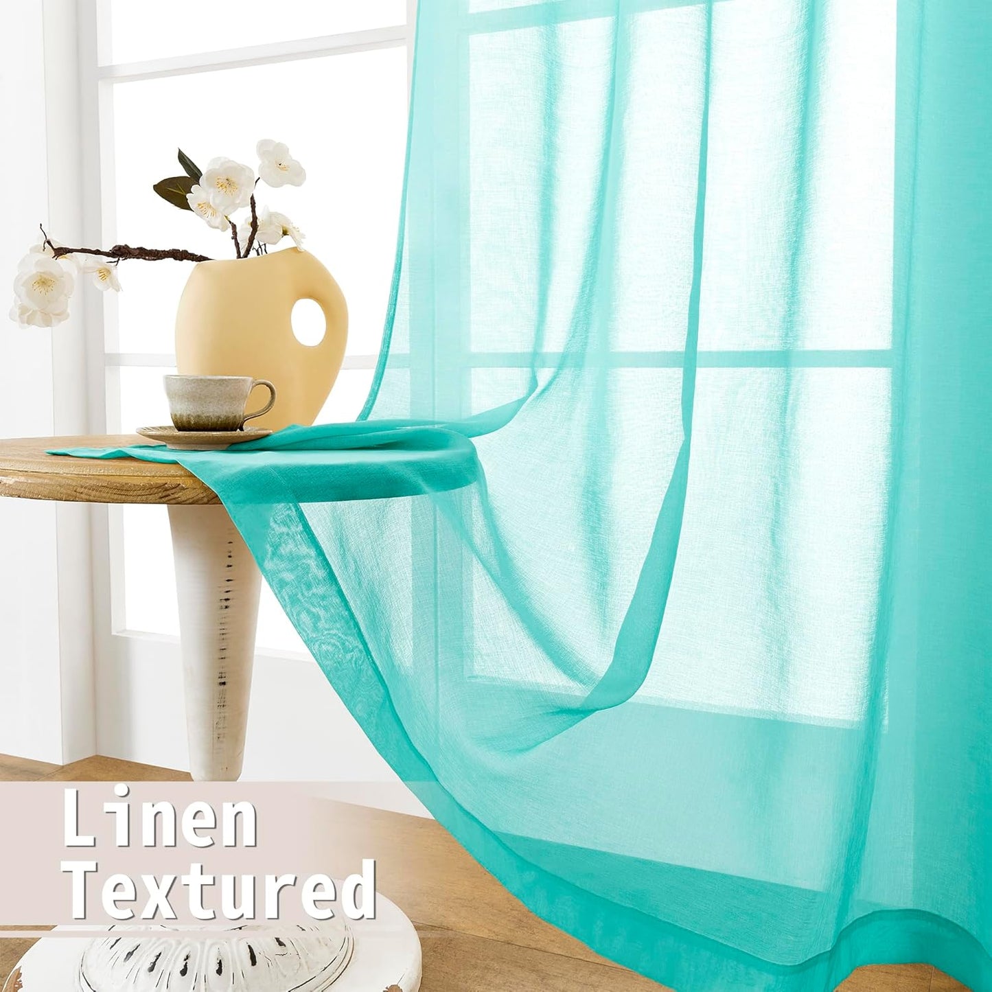 Tollpiz Sheer Door Curtains Closet Linen Textured Curtains Sheer Doorway Light Filtering Voile Rod French Door Pocket Curtain Patio Door, 25 x 72 inches Long, Aqua Blue, Set of 1 Panel