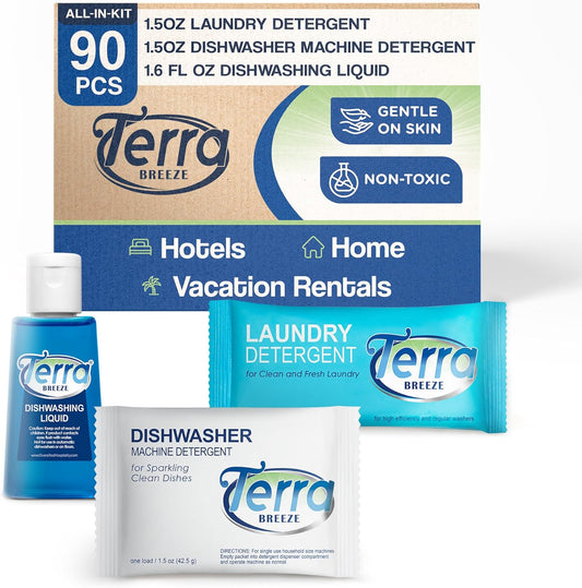Travel Laundry Detergent & Dish Soap | Terra Breeze 1-Shoppe Amenities Kit | Laundry Soap, Dish Soap | 90 Pieces