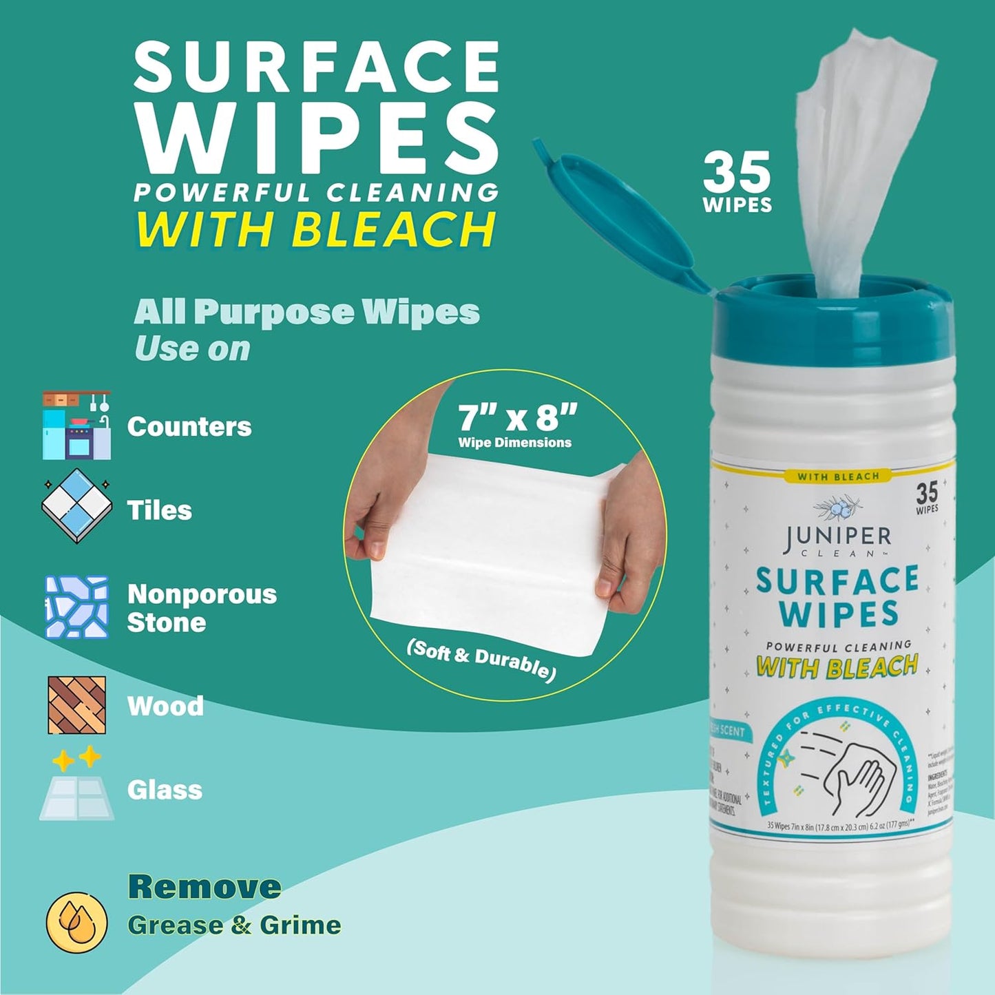 12 Pack Surface Cleaning Wipes with Bleach, All-Purpose Cleaner for Bathroom, Kitchen, Office, 420 Count Canister, 7.5" x 7" Sheet, Fresh Scent, Lint Free & Durable