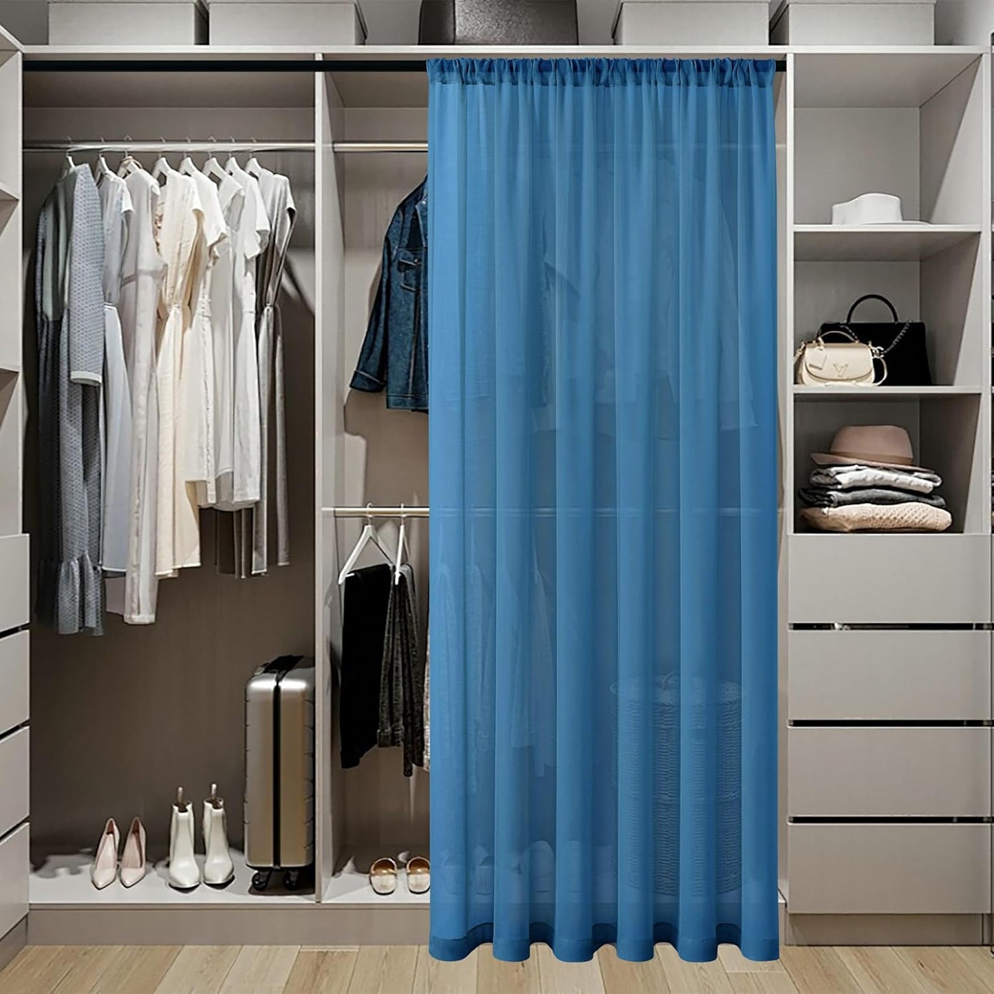 Tollpiz Short Sheer Door Curtain Closet Linen Textured Curtain Sheers Doorway Light Filtering Voile Patio Glass Door Rod Pocket Curtains French Door, 54 x 54 inches Long, Classic Blue, Set of 1 Panel