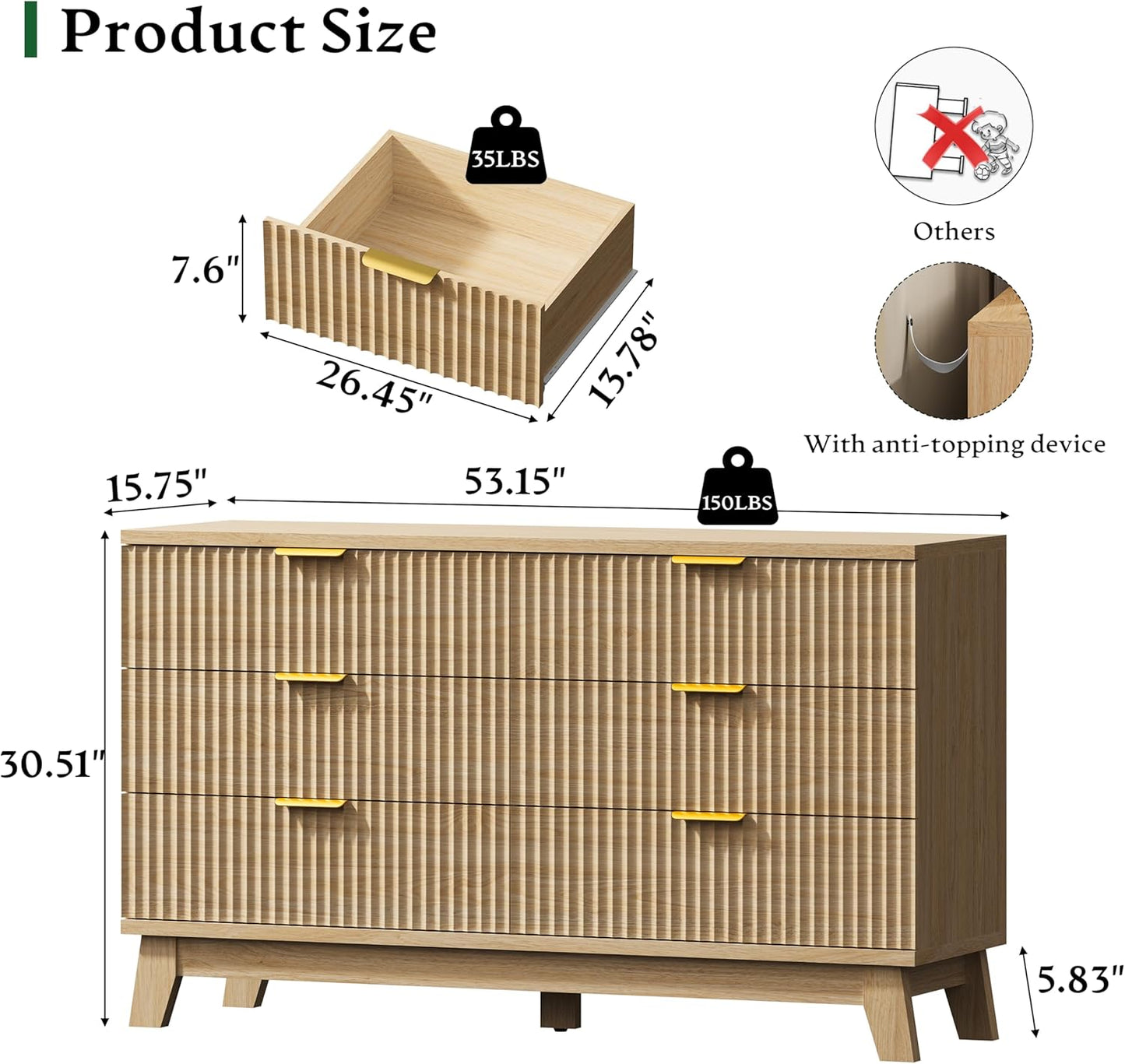 Fluted Dresser with 6 Drawers, 54" Wide Modern Chest of Drawers with Metal Handle, Wooden Dresser TV Stand, Wood Closet Clothes Storage Organizer for Bedroom, Living Room, Hallway, Natural Oak