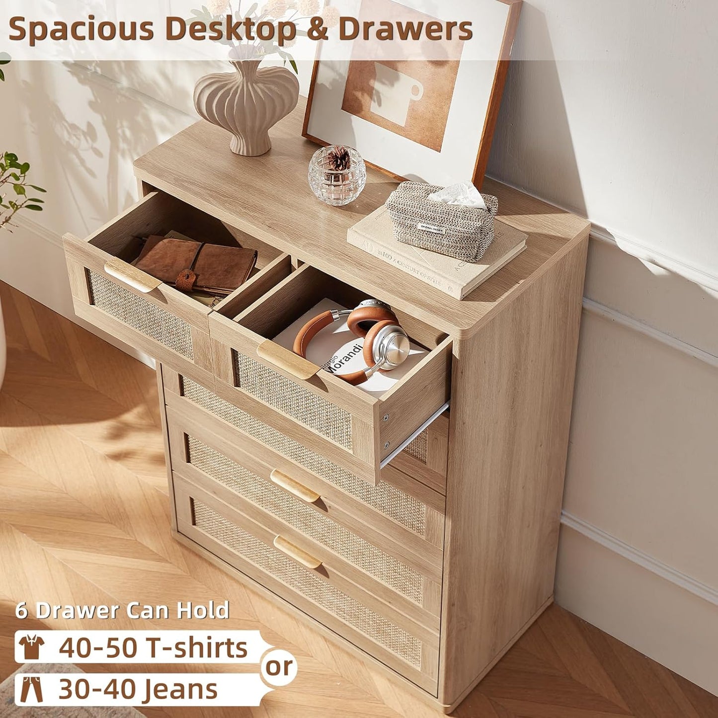 LEYAOYAO Rattan Dresser for Bedroom Set of 2, 42" Tall Chest of Drawers, Modern 6 Drawers Boho Dressers with Storage, Light Oak Dresser Wooden Closet Organizer for Living Room, Hallway, Natural Wood