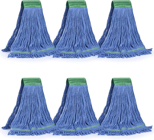 Matthew Cleaning Commercial Mop Head Replacement, 5 Inch Wide Headband, Looped End Cotton Blend String Wet Mops for Floor Cleaning, 28 oz Extra Large, 6-Pack Blue