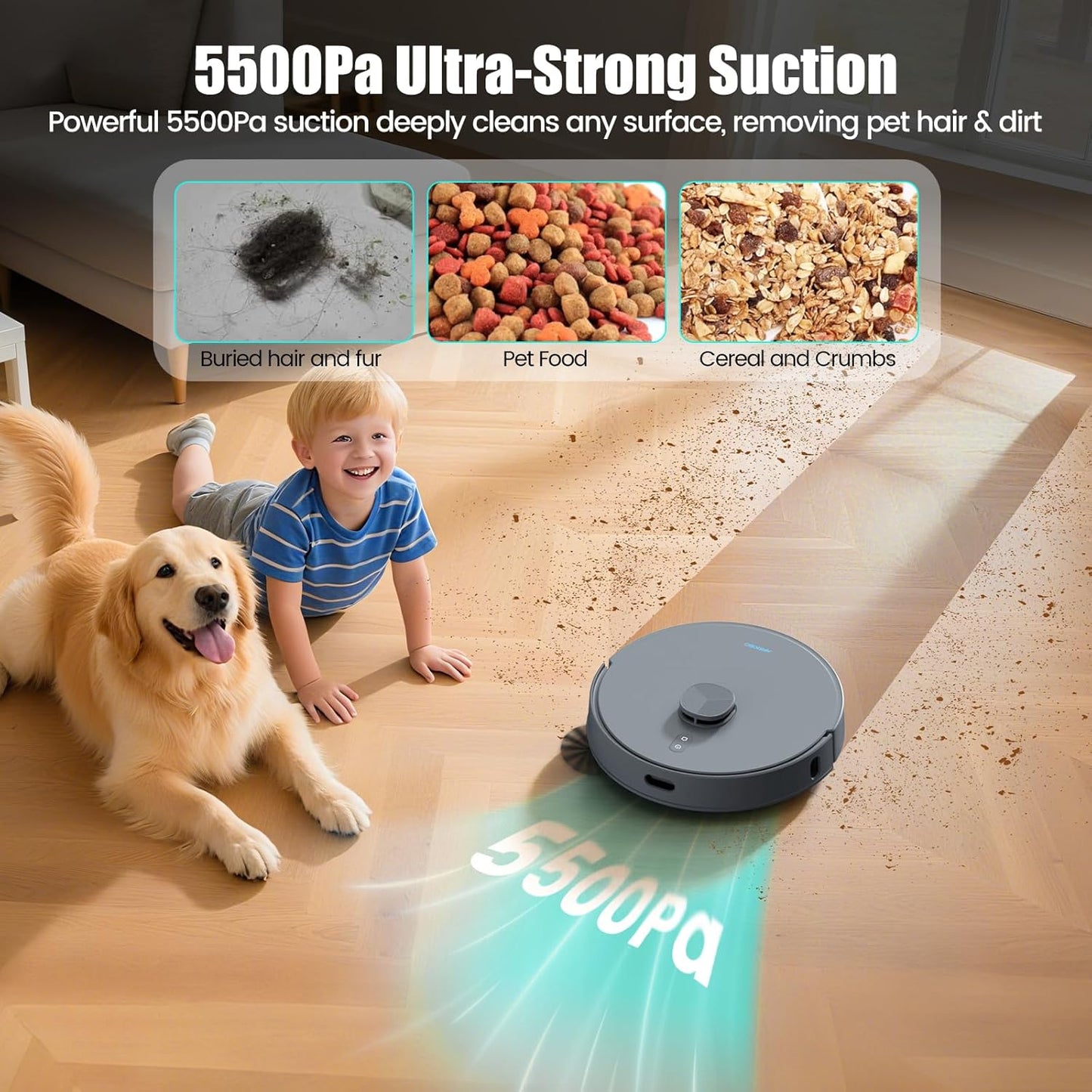 AIRROBO T25+ Robot Vacuum and Mop Combo, 5500Pa Suction, Pet Area Smart Boost, Carpet Detection, Tangle-Free Brush, LDS Mapping, APP Control, 3.5L Self-Empty Bin for Hard Floors, Carpets, Pet Hair