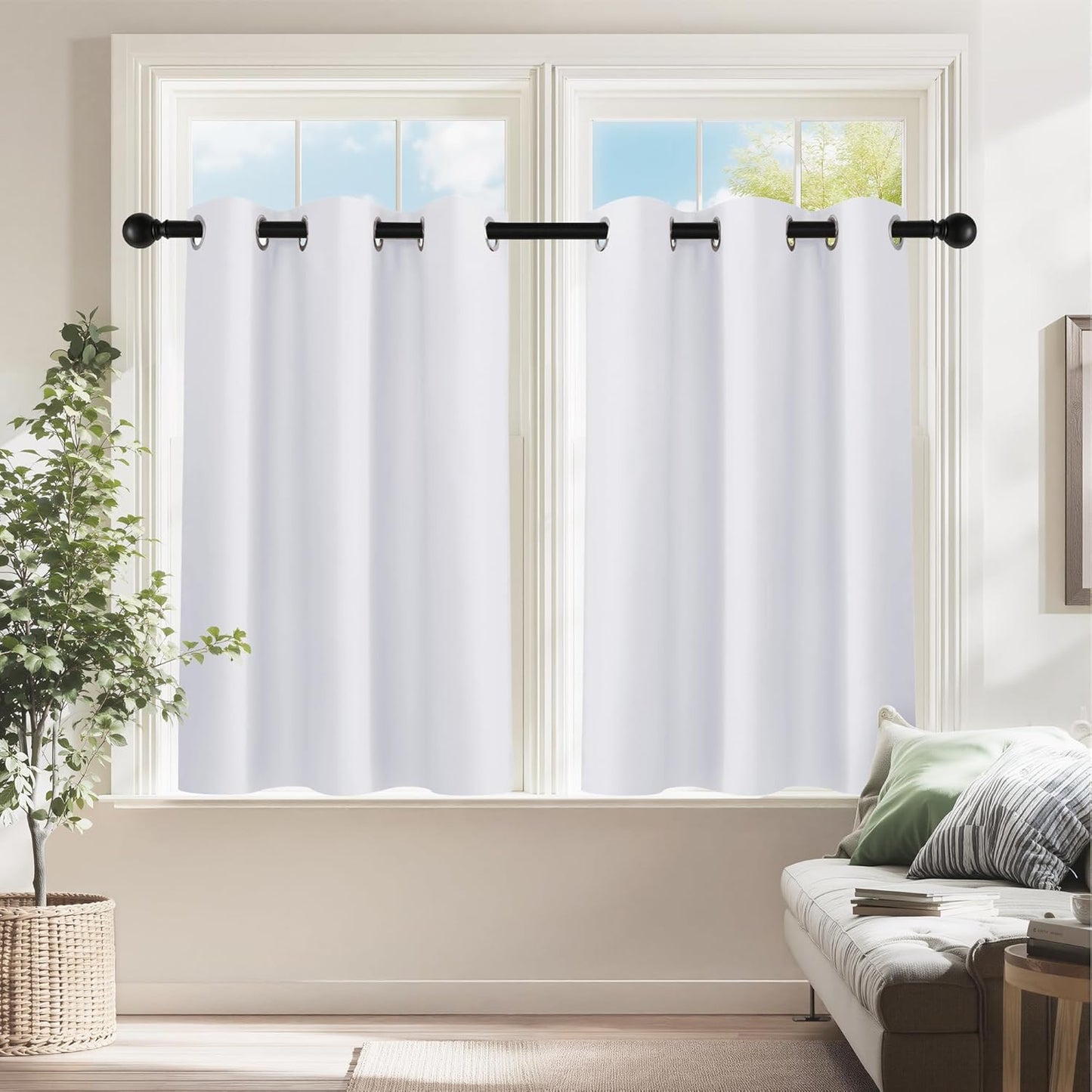 PONY DANCE White Room Darkening Short Curtains, 60% Blackout Drapes Thermal Insulated Small Window Tiers Privacy Protection for Bedroom Bathroom Kitchen(2 Panels, W 42 x L 36 inches, Pure White)