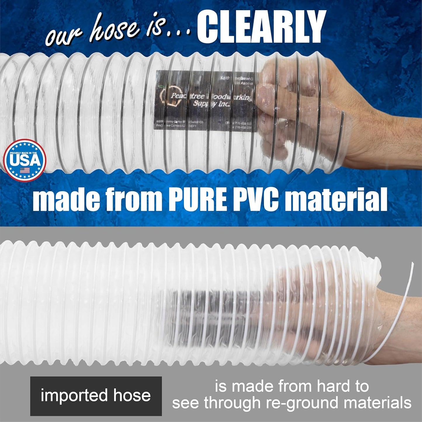 PVC Dust Collection Hose w/4 Thumbscrew Clamps, Puncture Resistant, Carbon Steel Wire, Clear Flexible PVC Dust Collector Hose, Proudly Made in USA (4" x 50')