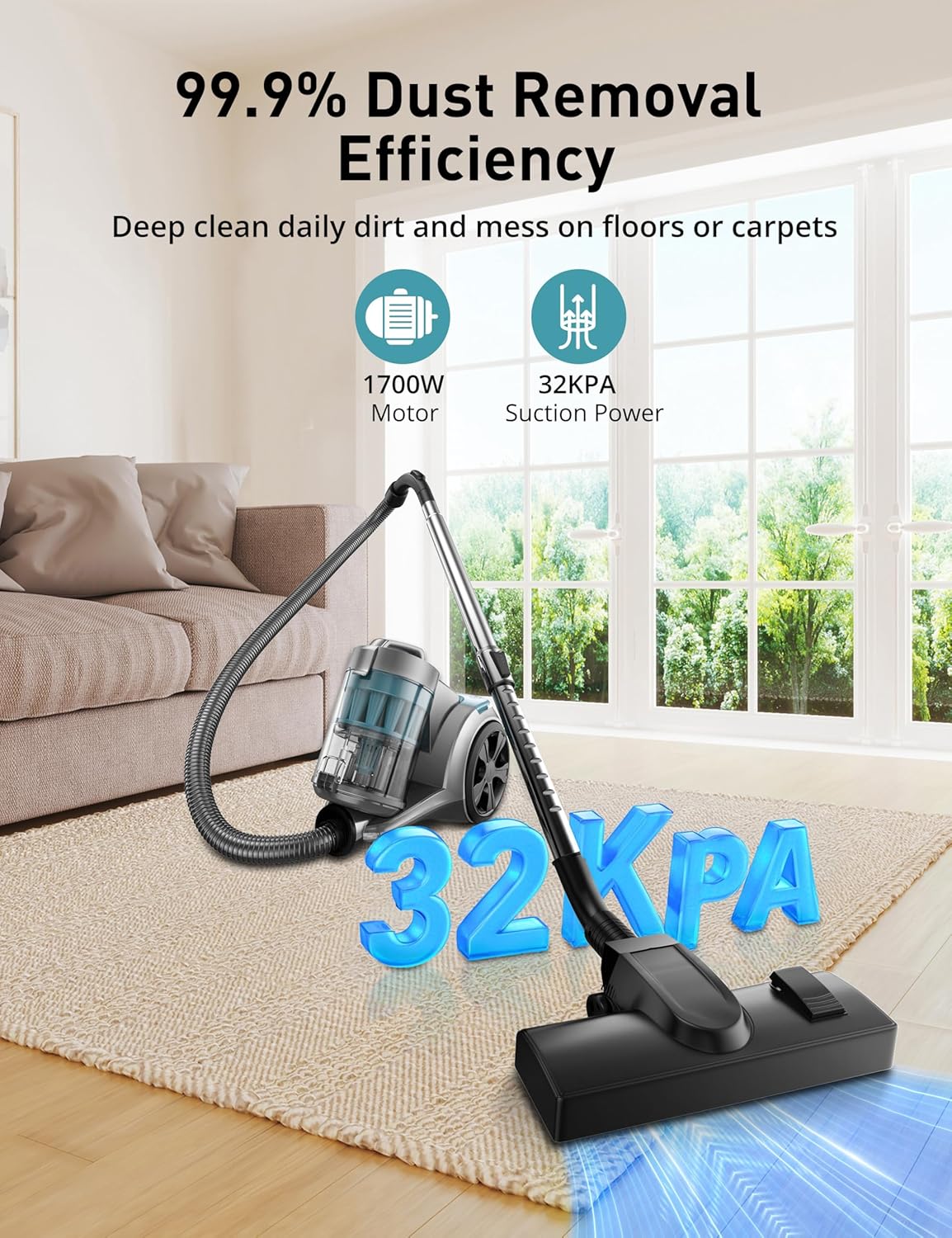 Aspiron 1700W Canister Vacuum Cleaner, 32Kpa Bagless Vacuum Cleaner, Multi-Cyclonic Filtration, 2 Anti-Allergen HEPA Filters, 3.5QT Dust Cup, 4 Tools, Corded Vacuum for Hard Floor, Pet Hair, Teal