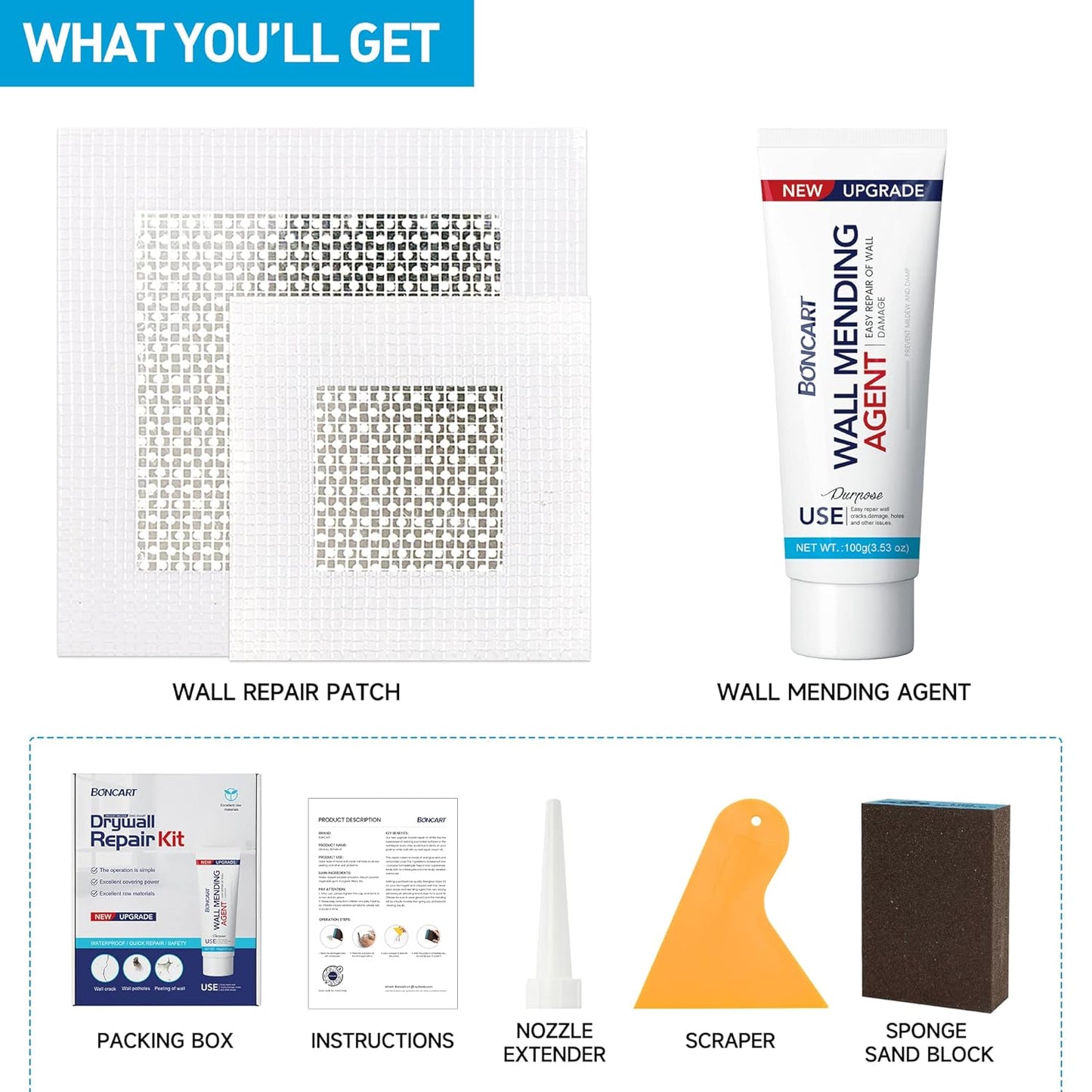 Wall Spackle & Drywall Repair Patch Kit with Mending Agent Putty, Repair Paste Plaster, Scraper & Sanding Sponge for Wall Crack/Nail Hole