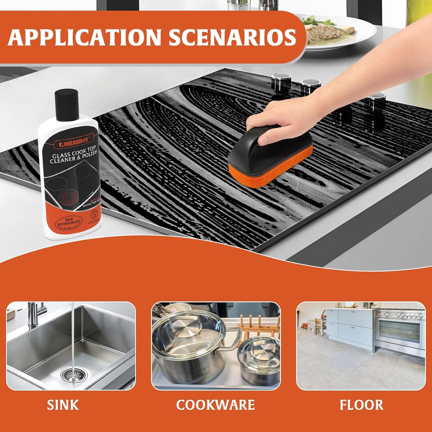 Glass Stove Top Cleaner Kit 12 oz, Cooktop Cleaner and Polish Non-Abrasive No Scratch Removes Tough Stains, with Scrubbing Pad, Handle, Scraper, Cloth