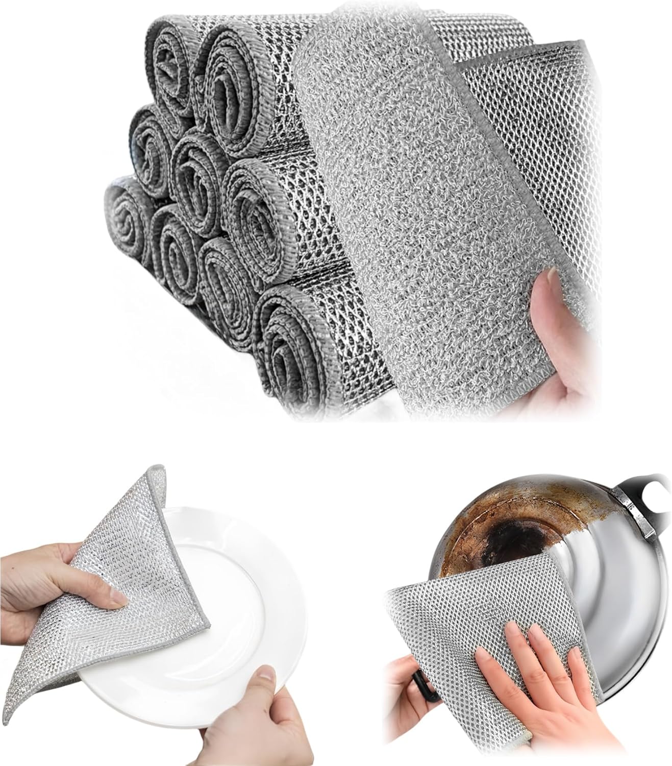 Stainless Steel Scrubber and Cleaning Rags - Non Scratch Wire Dishcloth for Washing Dishes, Steel Wool Scrubber and Dish Towels for Kitchen (6PCS)