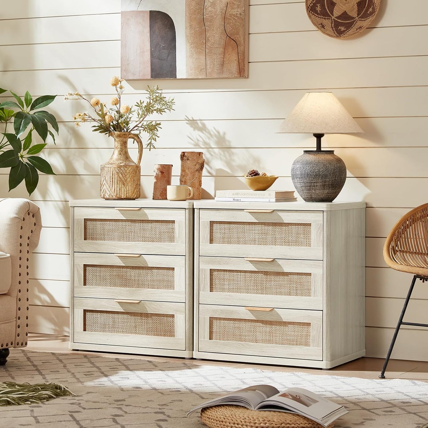 LEYAOYAO Rattan Night Stand with Drawers, 23" Large 3 Drawer Boho Nightstand, Grey White Bedside Table Storage Cabinet, Bed Side End Tables Dresser for Bedroom, Living Room, Hallway, Closet