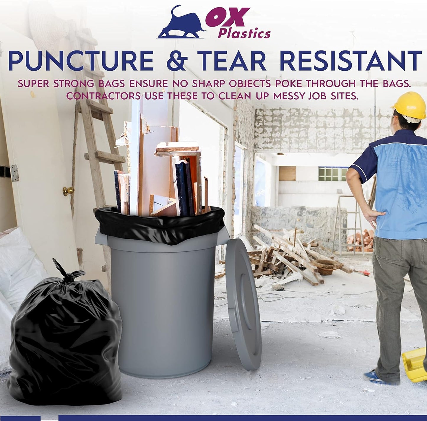 Ox Plastics Trash Can Liners Bags - 60 Gallon Capacity & 2mil Thick Extra Heavy Duty Strength - Large Garbage, Leak-Proof & Durable, House & Commercial Use Bags Black - 25 Count