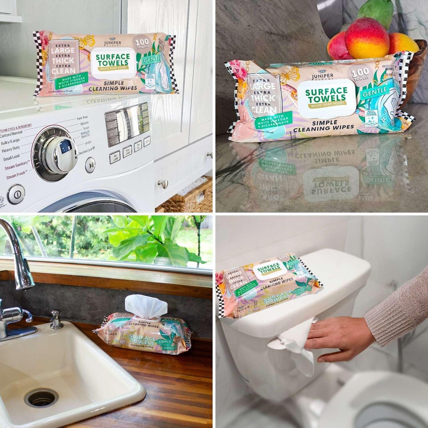 6 Packs Surface Cleaning Wipes, Thick & Large Dispose, All-Purpose Cleaner for Bathroom, Kitchen, Office, 600 Count Soft Flow, Biodegradable, White Soap Scent