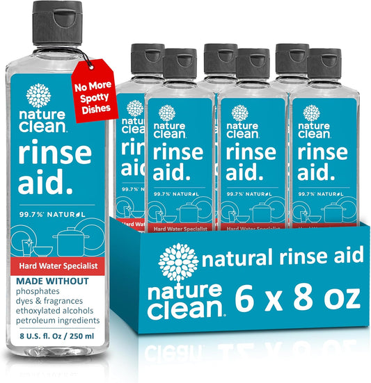 Nature Clean All Natural Dishwasher Rinse Aid Cleaner, Liquid Dishwasher Rinse Agent for Spot-Free Glass & Cutlery in Hard Water, Non Toxic Dish Washer Rinse Aid & Stain Remover, 8 oz/250ml, Pack of 6