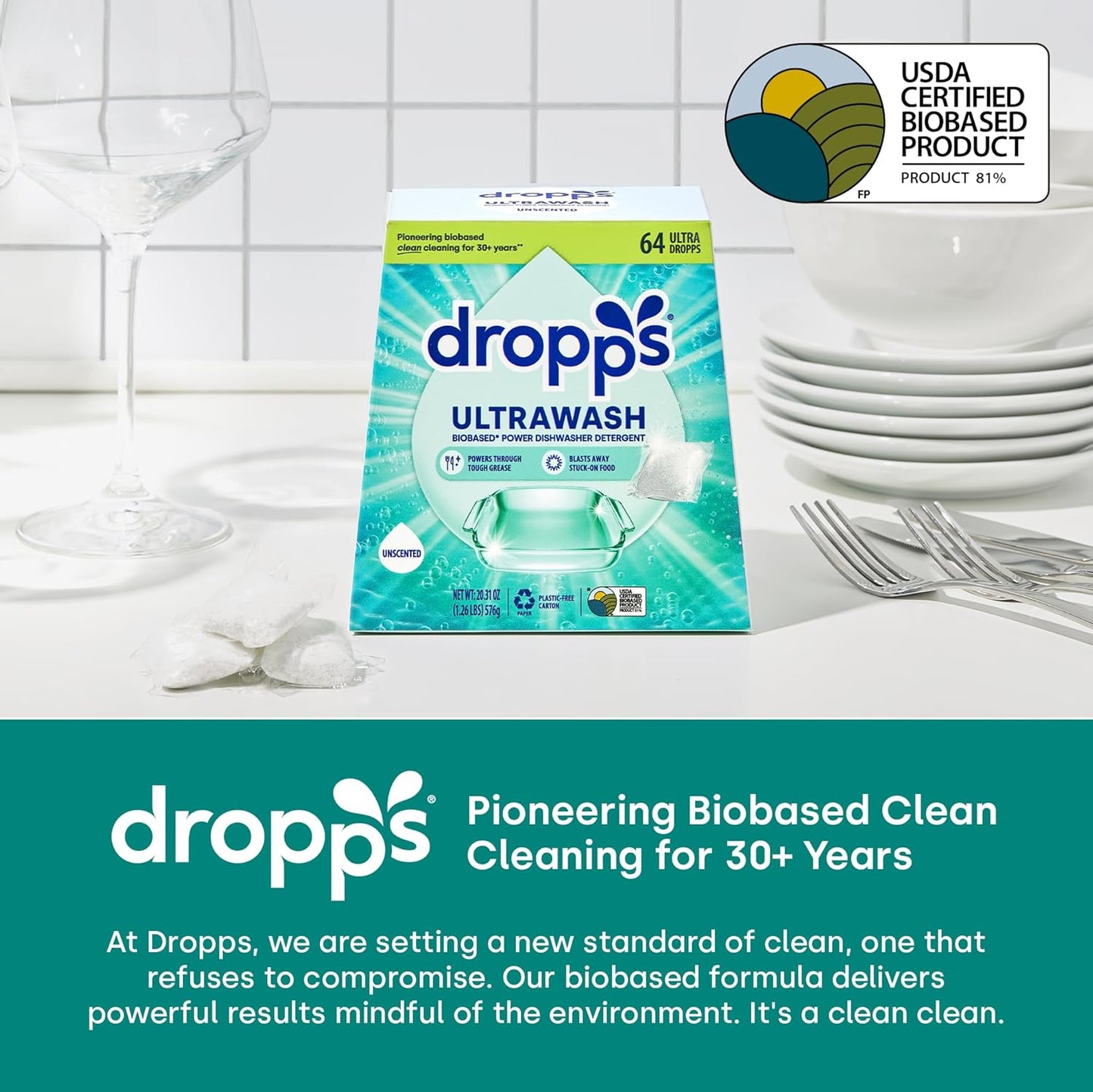Dropps UltraWash Dishwasher Pods, Lemon Citrus (64 Count) - Biobased Power Deep Clean Dishwasher Detergent Tablets for Sparkling Shiny Dishes - No Rinse Aid or Pre-Wash Needed -Dishwashing Pods