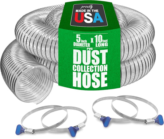 PVC Dust Collection Hose w/4 Thumbscrew Clamps, Puncture Resistant, Carbon Steel Wire, Clear Flexible PVC Dust Collector Hose, Proudly Made in USA (5" x 10')