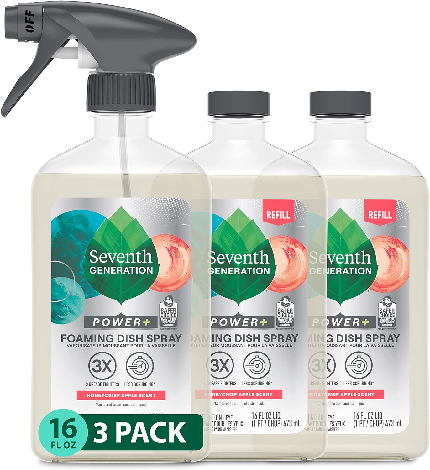 Seventh Generation Foaming Dish Spray, Honey Crisp Apple 16 Fl Oz (Pack of 3), Refill Pack of 3 with 1 Sprayhead