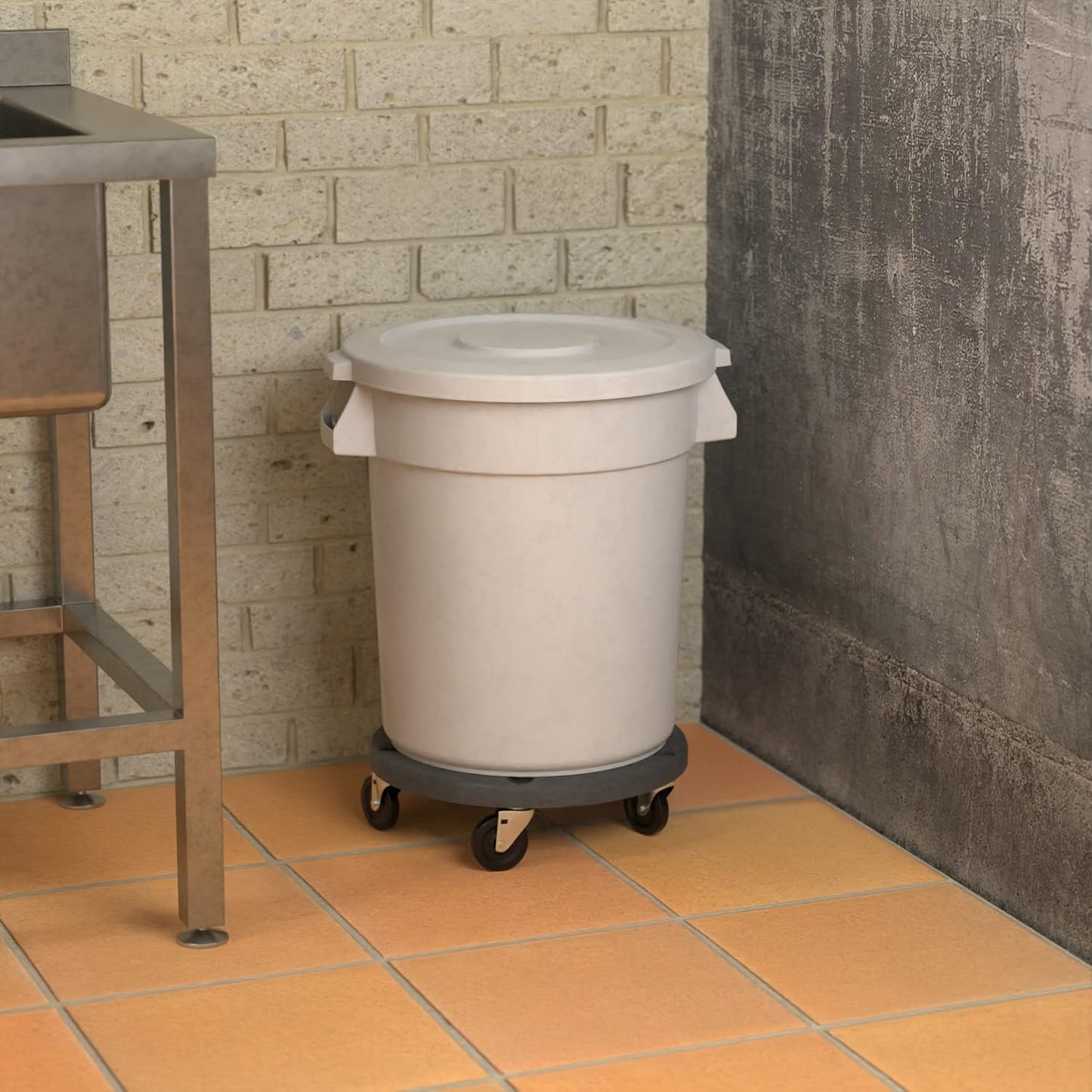 20 Gallon White Round Commercial Trash Can with Lid and Dolly