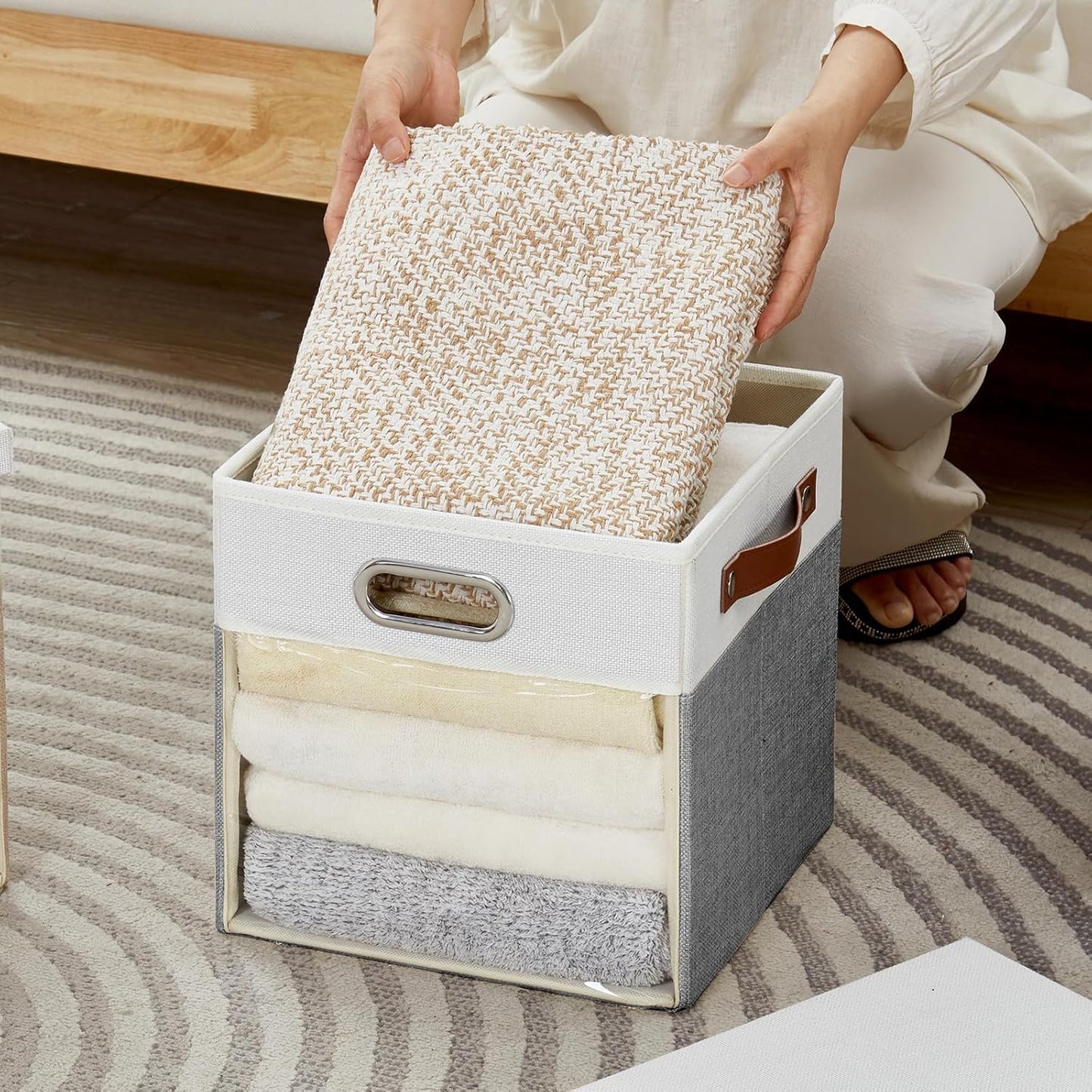 Fabric Storage Cubes with Clear Windows and Lids, 11'' Foldable Storage Bins with 3 Handles, Decorative Storage Boxes for Home, Bedroom, Closet, Office (Gray & White)