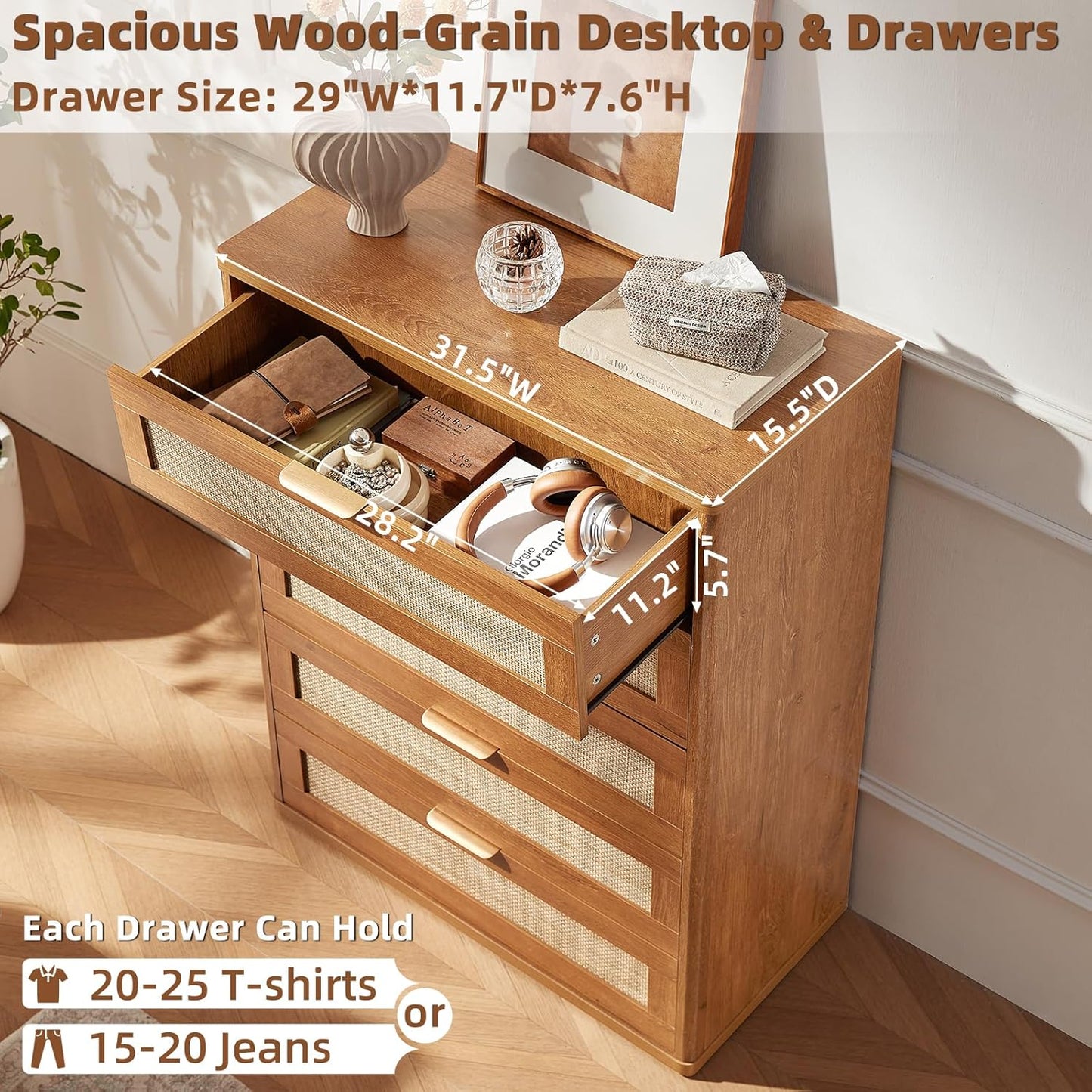 LEYAOYAO Dresser for Bedroom, 41" Tall Chest of Drawers, Modern 5 Drawers Boho Rattan Dressers with Storage, Dresser Wooden Closet Organizer for Living Room, Hallway, Tea Brown