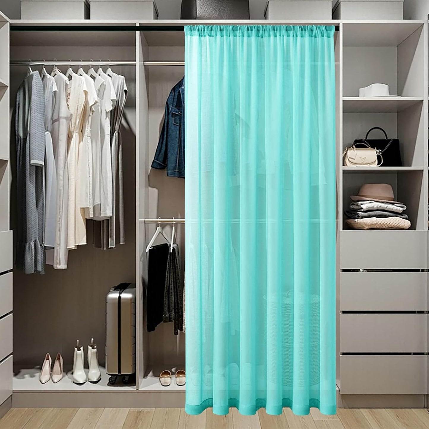 Tollpiz Sheer Door Curtains Closet Linen Textured Curtain Sheers Doorway Light Filtering Voile Patio Door Rod Pocket Curtains French Door, 54 x 80 inches Long, Aqua Blue, Set of 1 Panel