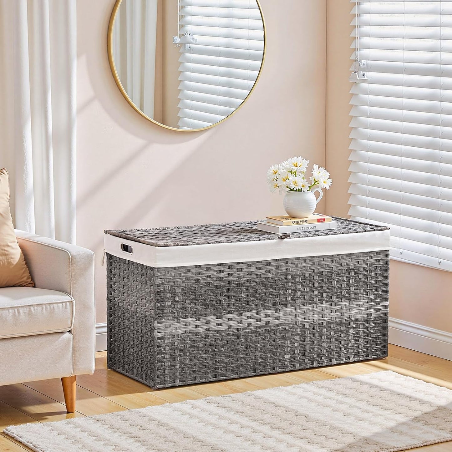 HOOBRO Storage Basket with Lid, 52.8 Gallon (200L) Wicker Basket, Handwoven Blanket Storage Basket with Handles, Metal Frame and Soft Lining, Foldable for Bedroom, Laundry Room, Gray GY220CW01