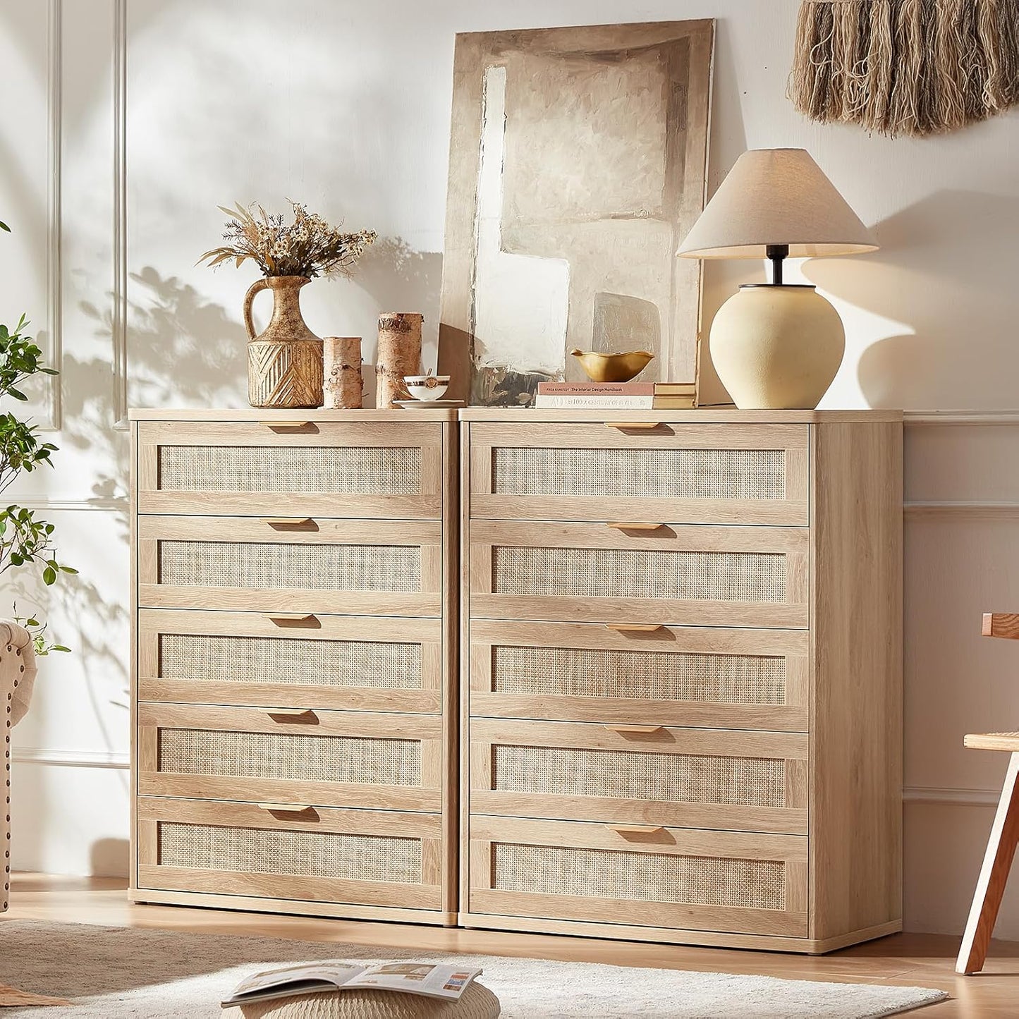 LEYAOYAO Rattan Dresser for Bedroom, 41" Tall Chest of Drawers, Modern 5 Drawers Boho Dressers with Storage, Light Oak Dresser Wooden Closet Organizer for Living Room, Hallway, Natural Wood