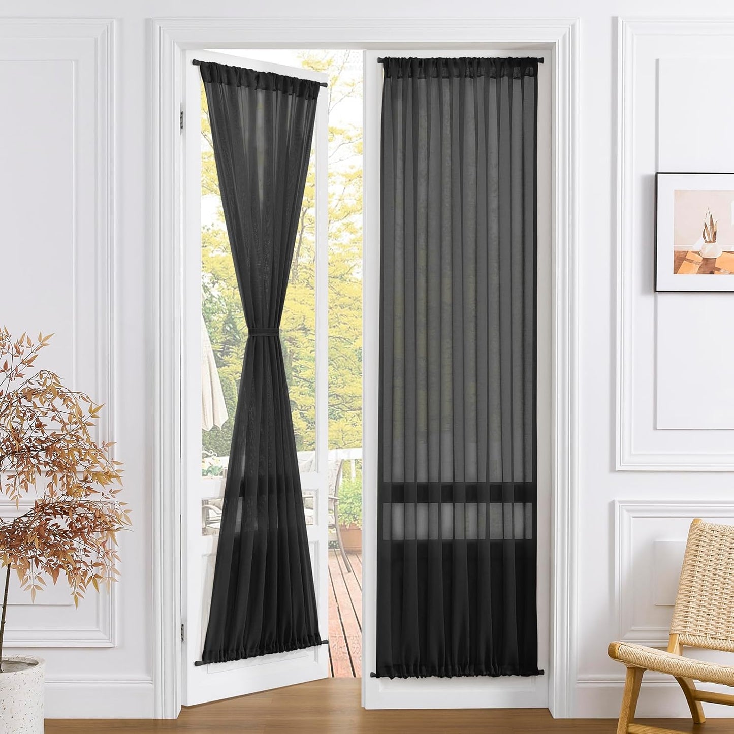 Tollpiz Sheer Door Curtains Closet Linen Textured Curtains Sheer Doorway Light Filtering Voile Rod French Door Pocket Curtain Patio Glass Door, 25 x 72 inches Long, Black, Set of 1 Panel