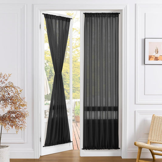 Tollpiz Sheer Door Curtain Closet Linen Textured Curtains Sheer Doorway Light Filtering Voile Patio Glass Door Rod Pocket Curtain French Door, 54 x 72 inches Long, Black, Set of 1 Panel