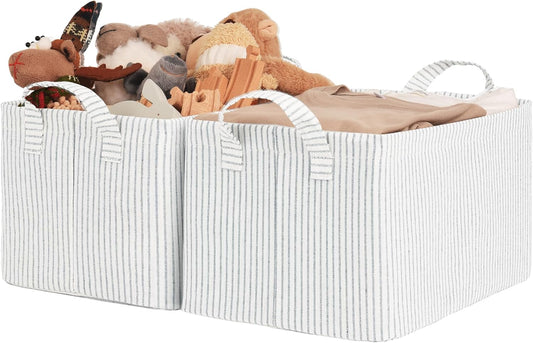 StorageWorks Storage Bins, Fabric Storage Bins for Shelves, Storage Baskets with Metal Frame, Closet Baskets and Bins with Handles, Khaki and Beige Stripes, 2-Pack