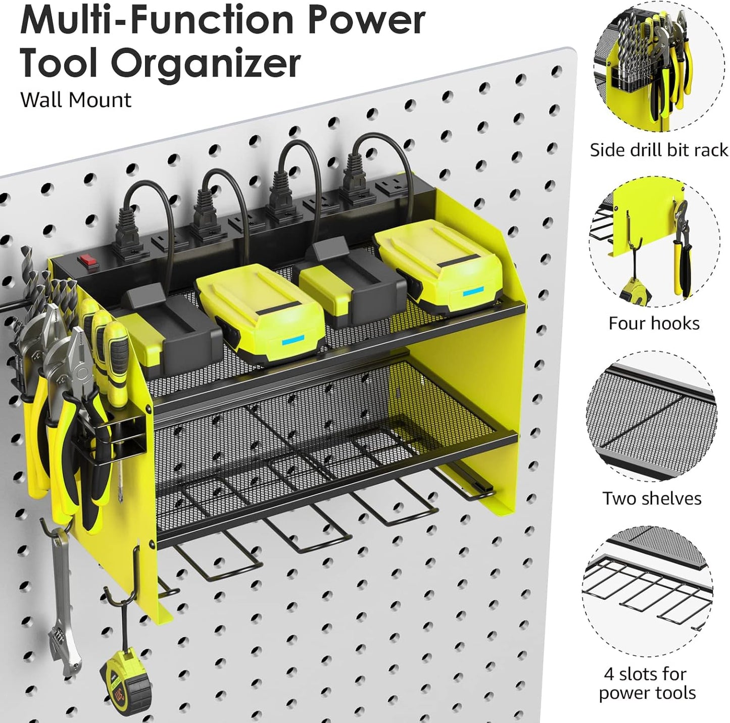 CCCEI Modular Power Tool Organizer Wall Mount with Charging Station. Garage 4 Drill Storage Shelf with Hooks, Screwdriver, Drill Bit Heavy Duty Rack, Tool Battery Holder Built in 8 Outlet Power Strip.