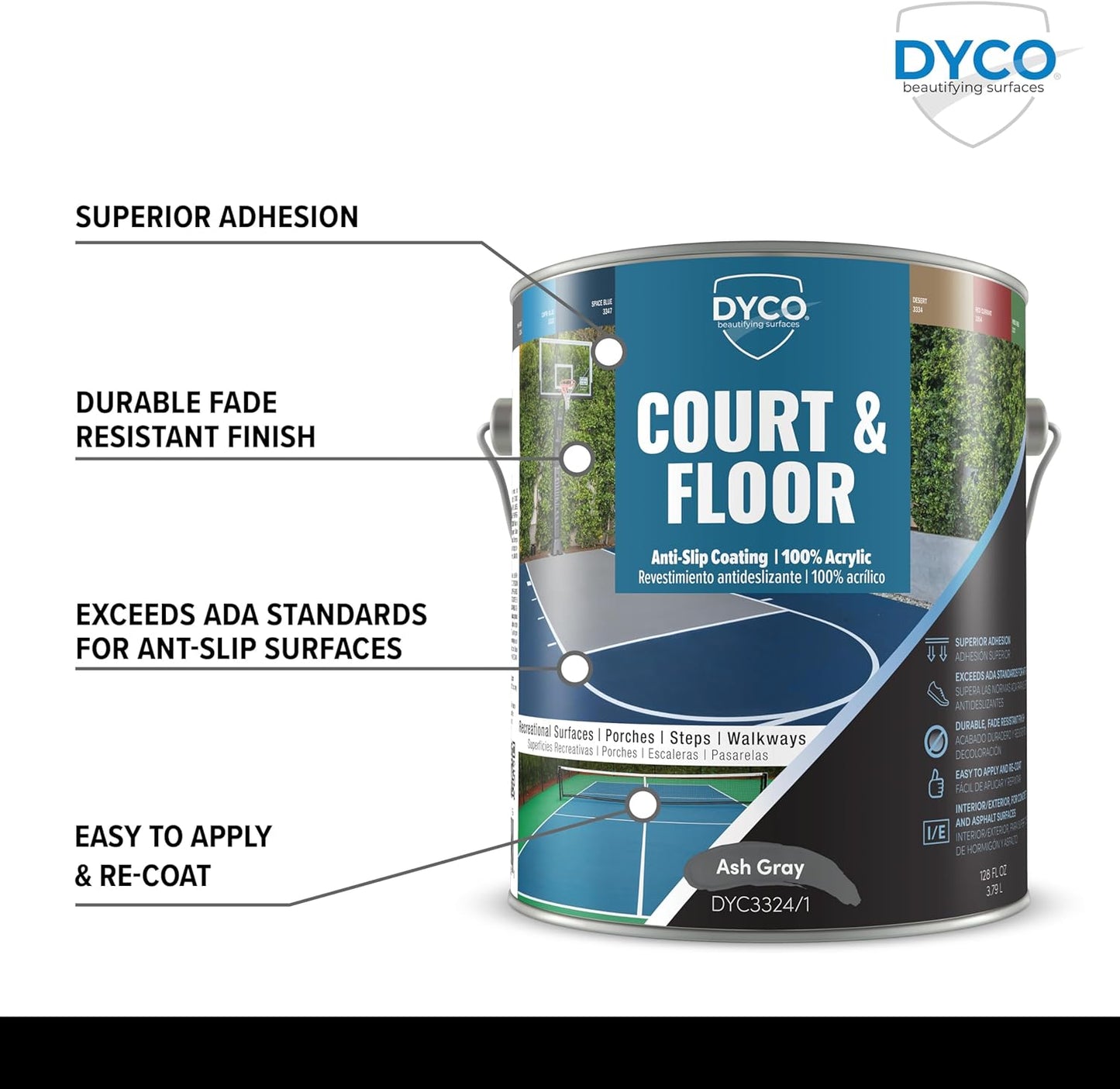 DYCO Court & Floor Anti-Slip Coating - Slip-Resistant Pavement, Cement & Concrete Paint for Pickleball, Tennis & Basketball Courts, Exceeds ADA Standards for Safety Areas (Ash Gray, 1 Gallon)