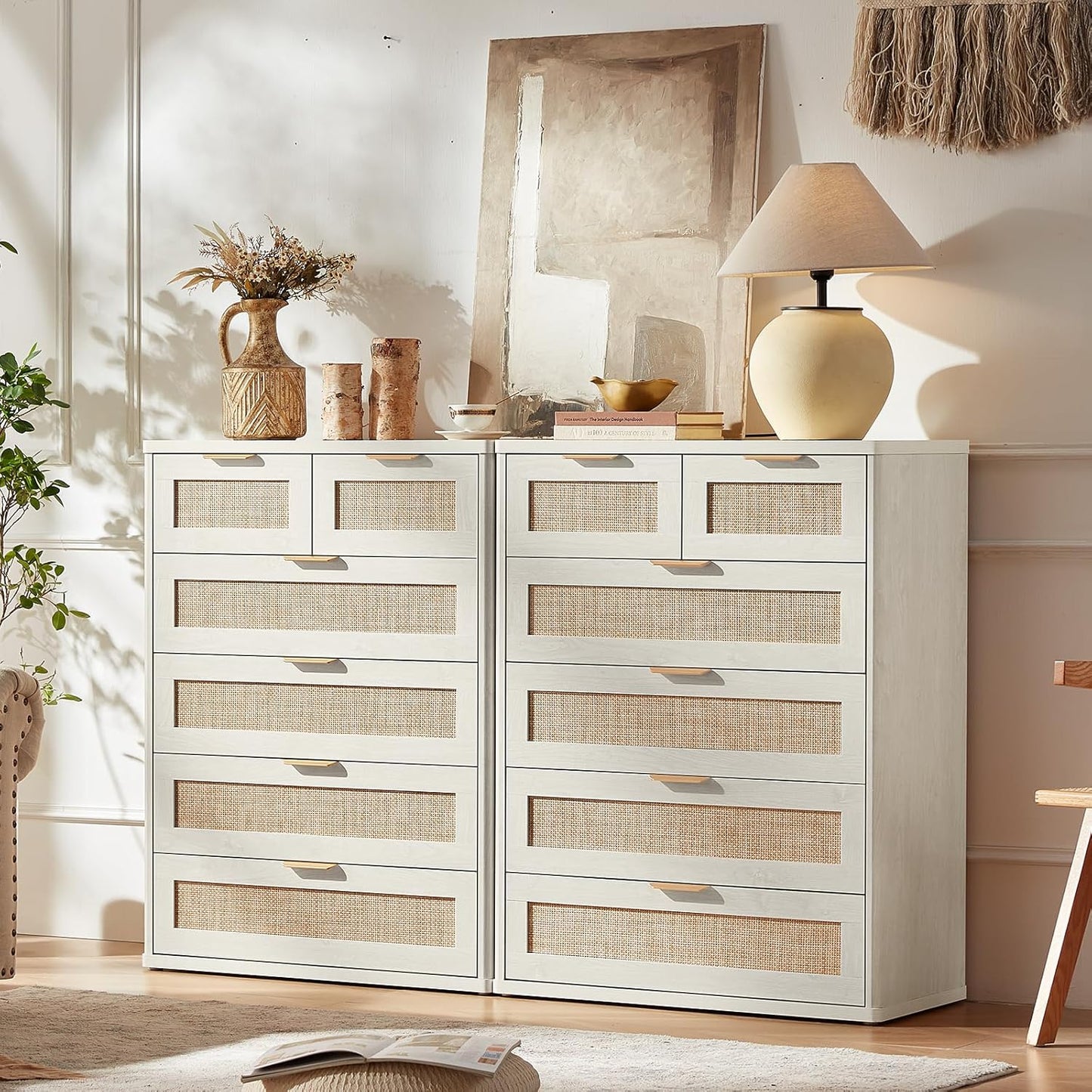 LEYAOYAO White Dresser for Bedroom, 42" Tall Chest of Drawers, Modern 6 Drawers Boho Rattan Dressers with Storage, Dresser Wooden Closet Organizer for Living Room, Hallway