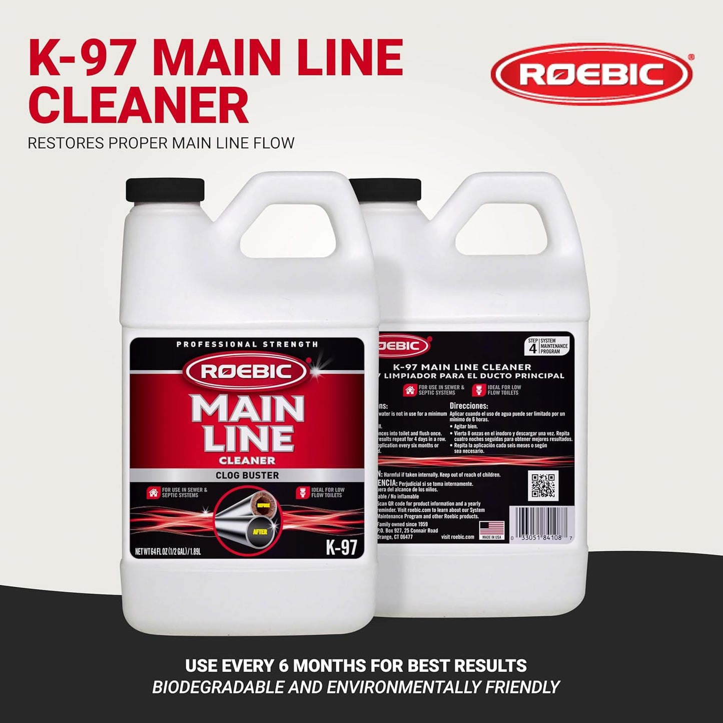 Roebic K-97 Liquid Main Line Cleaner with Bacteria Enzymes, Eliminates Organic Buildup in Sewer/Septic System and Protects from Clogs, Safe for Bathroom Toilet, 64 fl oz